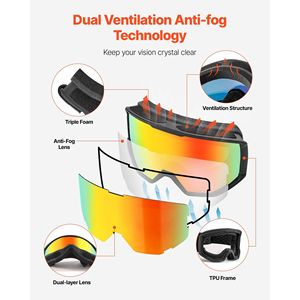 Occhiali da Sci Revo con Rivestimento Arancione, Lente Cilindrica OTG, Antiappannamento, per Uomini, Donne e Giovani, Montatura in TPU, Ventilazione, Compatibili con Casco - Product Image 4