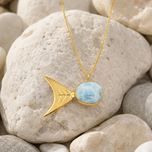 Unique Style Brass 18k Gold Plated Fish Shape Oval Cabochon Larimar Pendant Women's Chain Handmade Jewelry Gift Wedding - Product Image 3