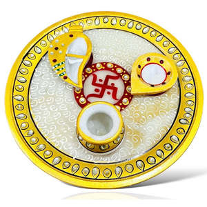 ชุดลายหินอ่อนสีขาวทำมือพร้อมดิยะและโชปราชุด kundan meenakari ของตกแต่งบ้าน - Product Image 4