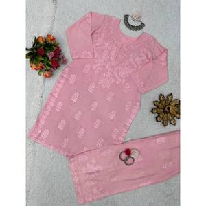 DESIGNER HEAVY RAYON CHAIN <b>STITCH</b> WORK KURTI with PALAZZO BABY <b>PINK</b> - Product Image 5