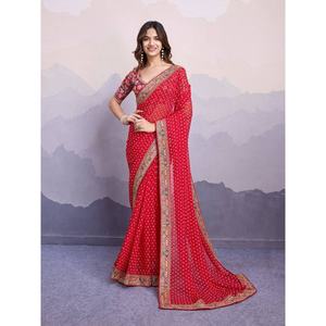DESIGNER GEORGETTE DIGITAL PRINT WITH EMBROIDERY WORK <b>SAREE</b> WITH UNSTITCHED BLOUSE <b>RED</b> - Product Image 1