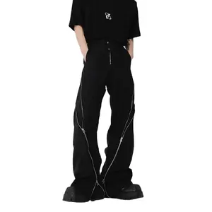 American trendy brand men black zipper design slit slightly flared pants vertical feeling straight casual pants retro trousers