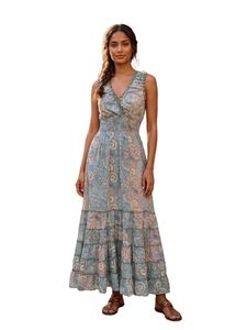 Vestido Casual Elegante de Verano Coreano con Estampado Floral, Cuello en V, Sin Mangas, Largo hasta el Suelo, Estilo Bohemio Y2K, Tejido de Seda India, Talla Única - Product Image 5