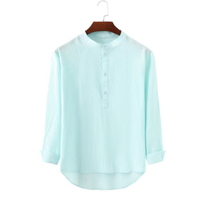 Camisa Henley de Lino y Algodón para Hombre con Logotipo Personalizado, Manga Larga, Cuello Mao, Corte Holgado Informal, Color Sólido - Product Image 2