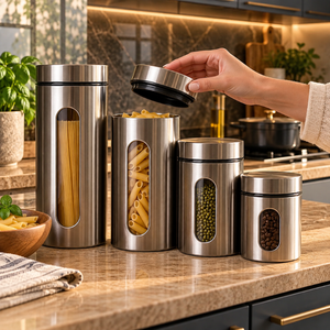 Four Piece Stainless Steel <b>Canister</b> <b>Set</b> with Brushed Finish and Viewing Windows | Modern Kitchen Storage Containers for Dry Food - Product Image 3