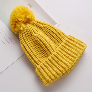 Bonnet tricoté chaud pour bébé, couleur unie, avec pompon mignon, en laine, collection automne-hiver, offre spéciale - Product Image 3