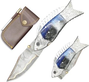 Personalized Hand Forged <b>Copper</b> Damascus Unique Fish Folding Pocket Knife Collectible EDC Multi-Functional Camping Hunting Knife - Product Image 1
