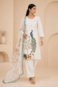 Salwar Kameez Blanco Bordado para Mujer, Corte Holgado, Largo hasta el Tobillo, Algodón, Estilo Tradicional Informal de India y Pakistán, para Todas las Temporadas - Product Image 5