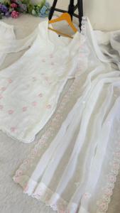 2026 O-Neck Solid Woven Currency Silk Cute 3-Piece Knee-Length Work Kurti Plazzo Dupatta Full Sleeves Waist <b>Elastic</b> <b>Belt</b> - Product Image 4