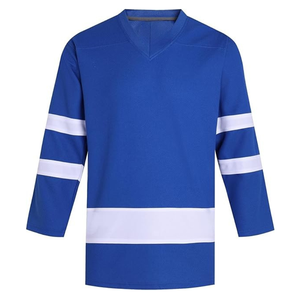 Custom Men's Ice Hockey Jersey <b>Blue</b> <b>White</b> <b>Striped</b> V-Neck Full Sleeve Moisture Wicking Polyester Adult Apparel - Product Image 1