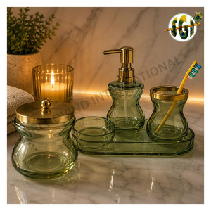 Luxury Glass <b>Bathroom</b> <b>Accessories</b> <b>Set</b> with Gold Finish Soap Dispenser, Toothbrush Holder, Storage Jar & Decorative Tray - Product Image 4