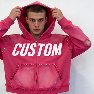 เสื้อฮู้ดดี้ผู้ชายทรงโอเวอร์ไซส์ สีชมพูสด แต่งหมุด ซิปยาว ขอบรุ่ย ขาดๆ แบบสตรีทแคชชวล ขายส่งจากโรงงาน ปรับแต่งได้ - Product Image 6