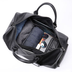Bolsa de lona de cuero genuino, color negro sólido, de lujo, para viajes de fin de semana, con correa desmontable y soporte para identificación, para hombres y mujeres - Product Image 2