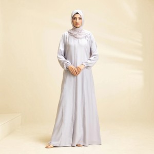 Women Light Gray High Neck Long Sleeve Floor Length <b>Abaya</b> Modest Solid Polyester Dress Daily Wear Middle East Style - Product Image 1