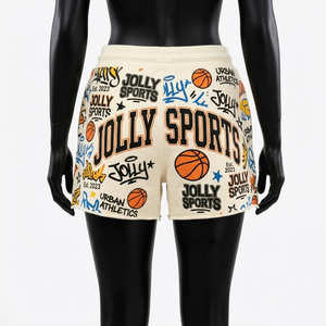 Shorts de sport en molleton de coton épais pour femme, couleur crème, imprimé graphique multicolore, shorts de sport et de détente, logo personnalisé, shorts pour femme - Product Image 3