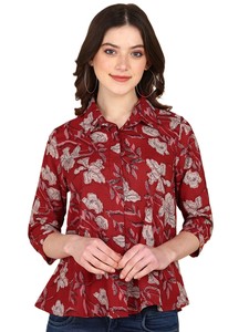 Maaesa Camisa de mujer con estampado floral de algodón, cuello abotonado, mangas 3/4, informal, de oficina, sencilla, de corte regular - Product Image 1