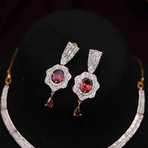 Rhodolite CZ Oval Necklace Set Diamond Look 22K Gold Plated Brass Elegant Bridal Jewelry Adjustable Chain - Product Image 3