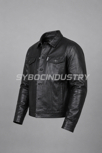 Veste en cuir d'agneau pour homme, style trucker, noir et marron vintage, avec devant à boutons-pression, poches poitrine à rabat, et languettes à la taille. - Product Image 3