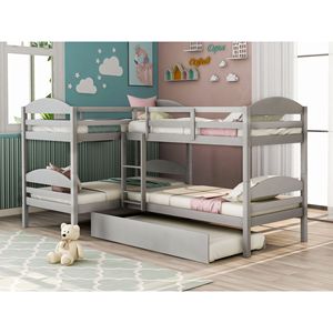 Letto a castello a L con letto estraibile grigio per bambini - Product Image 1