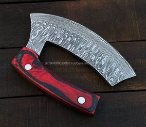 Couteau à pizza artisanal en acier Damas de qualité industrielle, tête de hache, manche en bois, étui en cuir, garantie 3 ans, personnalisable, haute qualité - Product Image 2