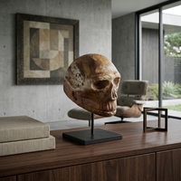 Sculpture de crâne humain en bois artisanale, style rustique gothique, avec support métallique, objet décoratif de table et d'intérieur
