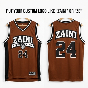 Maillot de basketball pour homme en maille polyester premium 180 GSM, avec empiècements latéraux marron et noir, logo personnalisé par sublimation et transfert thermique, tenue d'équipe - Product Image 1