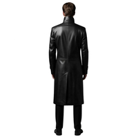 Manteau long en cuir véritable noir pour homme, col rabattu, fermeture éclair, détail bouton, style manches classiques