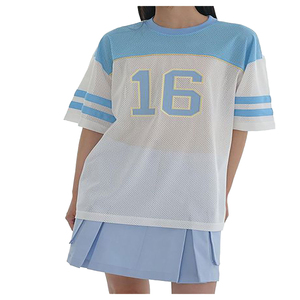Camiseta de malla para mujer, cuello redondo, manga corta, estampado con logotipo, transpirable, holgada, estilo sexy para discoteca, primavera y verano, color blanco - Product Image 5