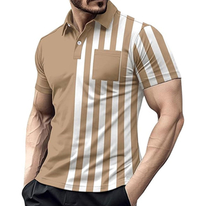 Polo pour homme de qualité supérieure, beige, avec design à rayures verticales blanches, manches courtes, fermeture à boutons, poche poitrine, décontracté - Product Image 1