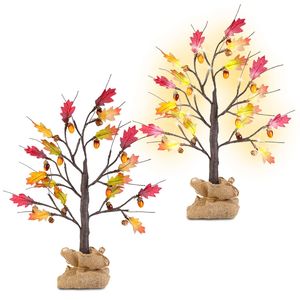 2Pcs 2FT Battery-Powered Artificial <b>Lighted</b> Maple Tree <b>with</b> 24Pcs Warm White LED Beads and 6Hrs <b>Timer</b> for Tabletop Fall Display - Product Image 1