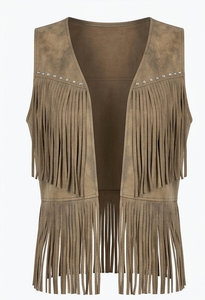 Chaleco de estilo retro con flecos para mujer, estilo western, con apariencia de cuero, chaleco abierto por delante, disfraz de baile para escenario, ropa exterior personalizada. - Product Image 1