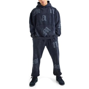 Conjuntos de Sudadera y Pantalones Deportivos con Parches Desgastados, Conjuntos Deportivos Vintage Personalizados, Conjuntos Deportivos con Efecto Ácido, Pantalones Deportivos y Sudaderas con Capucha para Hombre - Product Image 1