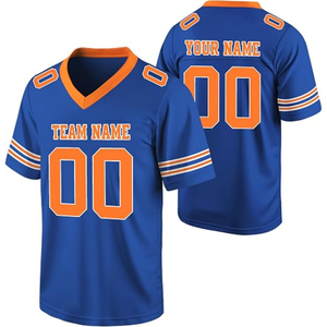 Maillot de football américain personnalisé pour adultes unisexe, blanc et bleu, col en V, manches courtes, impression sublimée, évacuation de l'humidité, 100% coton - Product Image 5