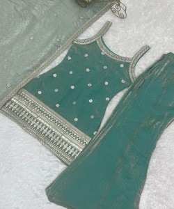 Women Traditional Silk Salwar Kameez Set Teal Embroidered Ankle-Length Loose Fit India Pakistan Style Wedding Wear KB–302 85175 - Product Image 4