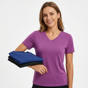 Ensemble de t-shirts pour femmes à col en V, manches courtes, couleur unie, séchage rapide, coupe régulière, jersey décontracté, 100% polyester, couleurs noir, bleu, violet - Product Image 3