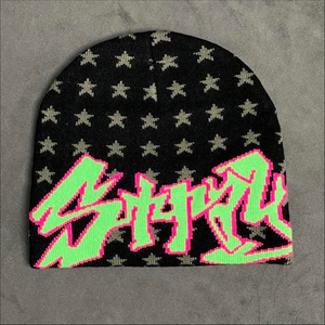 Custom Logo Jacquard Knitted Beanie Black With Green Pink Letter Pattern Unisex Street Style <b>Hat</b> 56-58CM Adult <b>Winter</b> Cap - Product Image 1