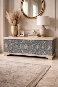 Aparador de Madera Maciza Hecho a Mano de Lujo con Tallado Geométrico Ornamentado de Mandala, Consola Buffet - Product Image 5