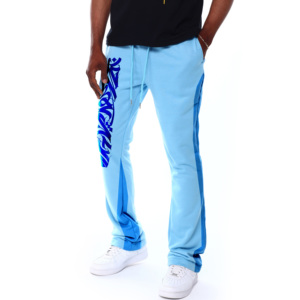 Pantalon de jogging décontracté bleu clair pour homme avec imprimé lettres bleues, fermeture boutonnée, léger en polyester/coton - Product Image 3