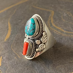 Bague large en argent sterling 925, turquoise et corail, faite à la main, style tribal vintage, pierre précieuse naturelle, vente en gros - Product Image 2