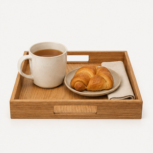 Plateau de service rectangulaire décoratif en bois de chêne massif, artisanal et de qualité supérieure, avec poignées découpées, durable, pour table basse ou ottoman. - Product Image 2