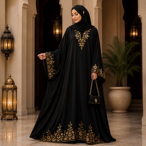Broderie florale délicate en or sur le col, les manches et la basse de la robe. Hijab élégant assorti inclus avec une broche discrète. Modeste. - Product Image 4