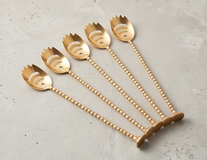 Ensemble élégant d'agitateurs à cocktail dorés, outils de bar en métal de luxe, réutilisables pour mélanger les cocktails, cuillères à agiter avec poignées perlées - Product Image 1