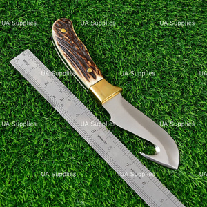 Couteau de chasse et de camping professionnel à lame fixe en acier inoxydable forgé à la main, qualité industrielle 58 HRC, avec crochet à viande et manche en corne de cerf, ODM - Product Image 5