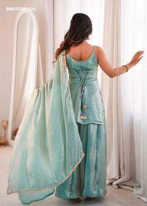 Designer Fancy Silk with Embroidery Cording-Real <b>Mirror</b> work Sleeveless Short-Suit-Flared Plazzo-Dupatta Wholesale Supply - Product Image 5