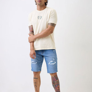 Shorts Bermuda en jean déchiré bleu clair pour homme, taille mi-haute, fermeture éclair, style urbain, en coton tissé respirant, coupe ajustée, séchage rapide - Product Image 4