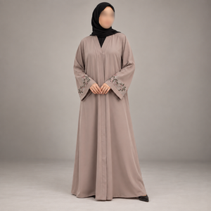 Robe Abaya taupe avec broderie florale sur les manches et col en V ample |   Robe longue musulmane modeste pour les occasions quotidiennes - Product Image 1