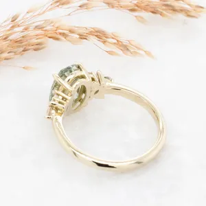 Green Oval Cut <b>Ring</b> with Marquise Side Stones in Solid Yellow Gold | Elegant Luxury Diamond Engagement Style <b>Statement</b> Jewelry - Product Image 4