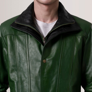 Veste en cuir véritable vert foncé pour homme, col montant, fermeture éclair intégrale, coupe classique, vêtement d'extérieur décontracté et tendance de qualité supérieure - Product Image 3