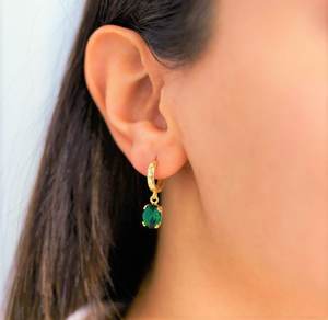 <b>Emerald</b> Dangle Hoop Earrings May Birthstone Oval Cut Green Gemstone 925 Sterling Silver 14K Gold Plated Jewelry/ - Product Image 6