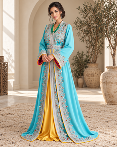 Caftán Marroquí Elegante Turquesa Mishkat Couture con Bordado Plateado, Gemas Multicolor, Cinturón de Monedas y Largo Maxi Dorado - Product Image 2